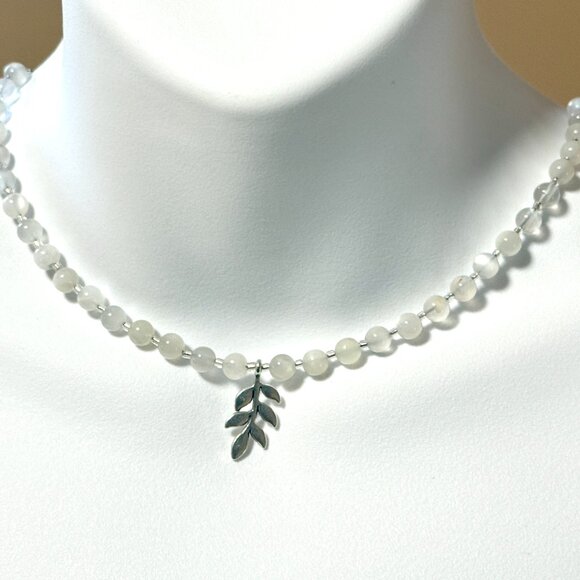 White Moonstone Silver Leaf Branch Necklace, Genuine Gemstone Beaded Choker - Picture 2 of 13